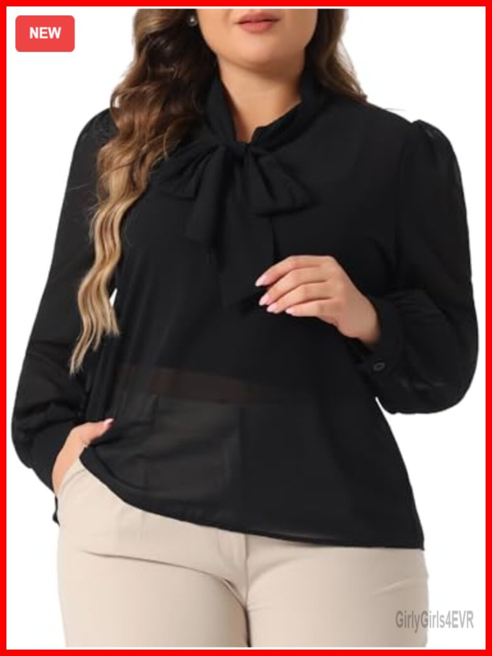 Plus Size Sheer Chiffon Blouse Bow Tie Neck Long Sleeve Dressy Top